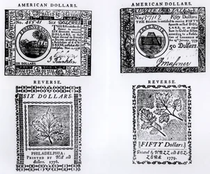 Eine koloniale Sechs-Dollar-Note von 1776 und eine amerikanische Fünfzig-Dollar-Note von 1779
